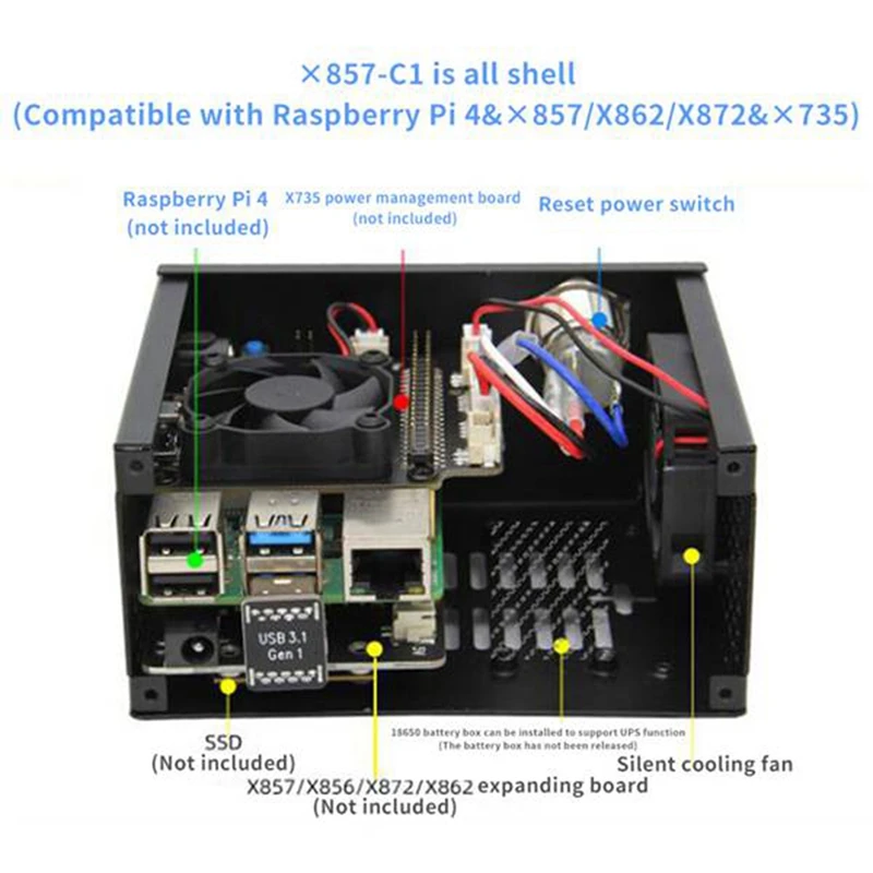 X862 Expansion Board Supports M.2 NGFF+Metal Case with Fan and Switch for Raspberry Pi 4B
X862 Expansion Board Supports M.2 NGFF+Metal Case with Fan and Switch for Raspberry Pi 4B