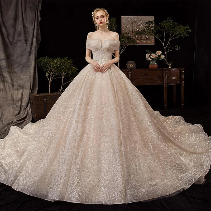 Vestido de Noiva New Wedding Dress Ball Gown Boat Neck Short Sleeves Ruched Light Champagne Long Train Custom Plus Sizes 
Vestido de Noiva New Wedding Dress Ball Gown Boat Neck Short Sleeves Ruched Light Champagne Long Train Custom Plus Sizes