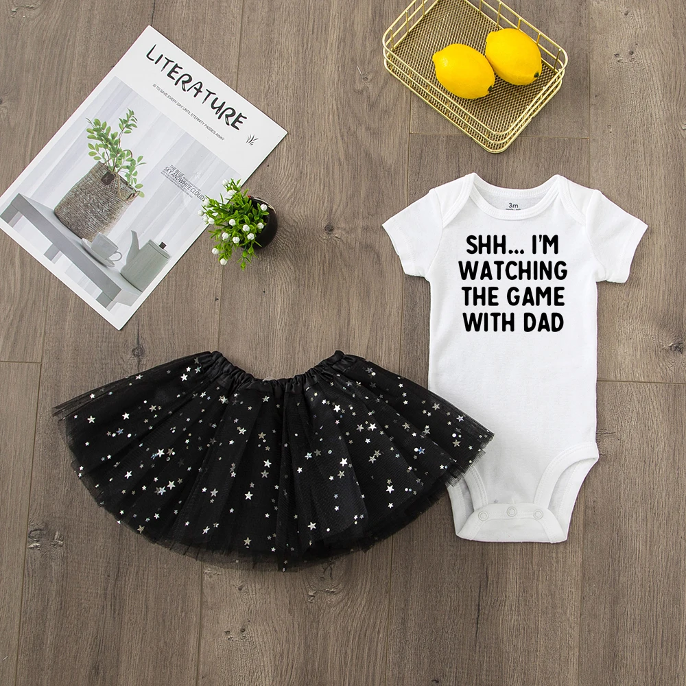 Shh I'm Watching The Game with Dad Infant Baby Girls Long Sleeve Romper Tutu Skirt 2pcs Sets Newborn GirlOutfit Suits 
Shh I'm Watching The Game with Dad Infant Baby Girls Long Sleeve Romper Tutu Skirt 2pcs Sets Newborn GirlOutfit Suits