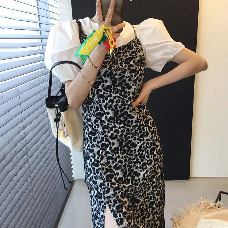Kimotimo Summer Two Piece Set Women Korean Chic O-neck Loose Puff Sleeve Shirt + Mid-length Leopard Spaghetti Strap Split Dress
Kimotimo Summer Two Piece Set Women Korean Chic O-neck Loose Puff Sleeve Shirt + Mid-length Leopard Spaghetti Strap Split Dress
