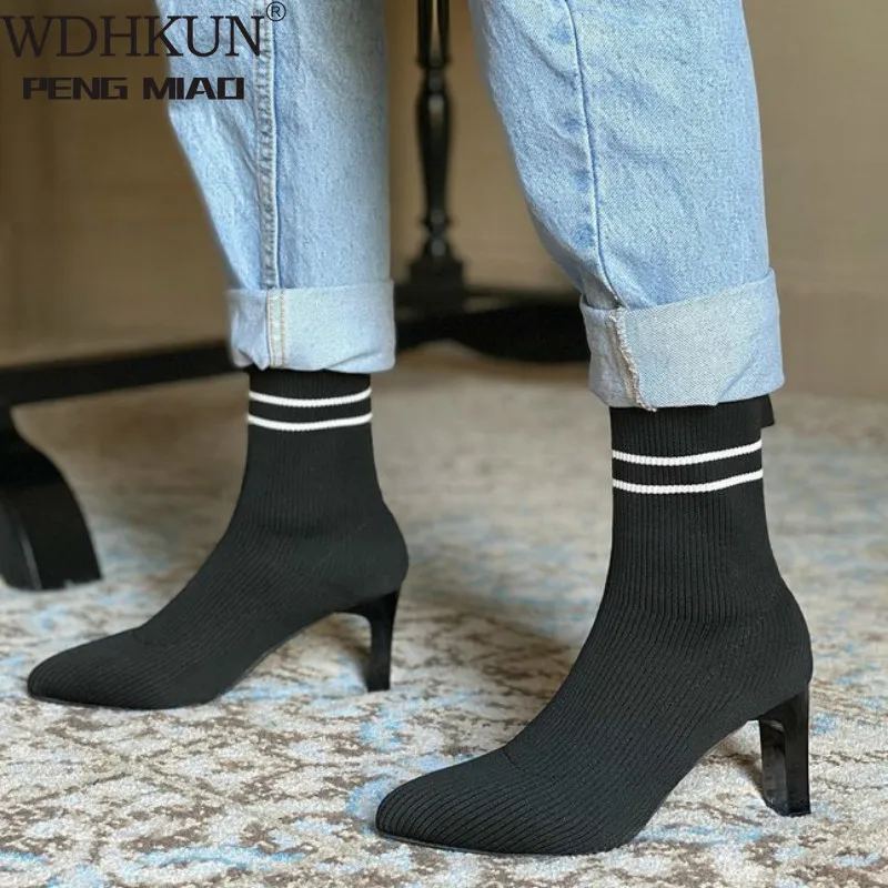 Sexy Knitting Boots High Heels Dress Shoes 2020 New Pointed Toe Fashion Booties Black Striped Stretch Fabric Botas Mujer
Sexy Knitting Boots High Heels Dress Shoes 2020 New Pointed Toe Fashion Booties Black Striped Stretch Fabric Botas Mujer
