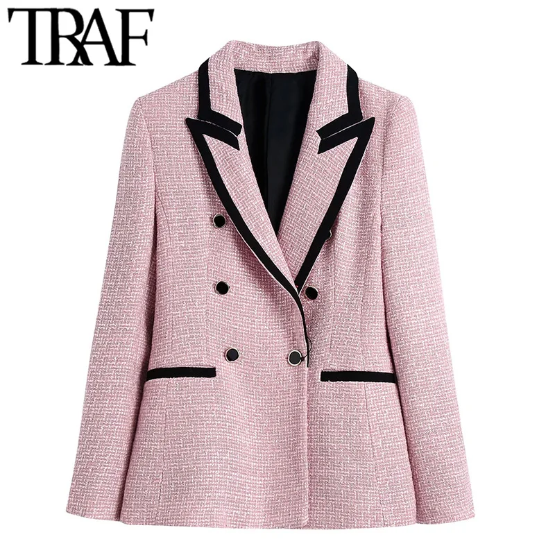 

TRAF Women Fashion With Piping Patchwork Tweed Blazer Coat Vintage Long Sleeve Welt Pockets Female Outerwear Chic Veste