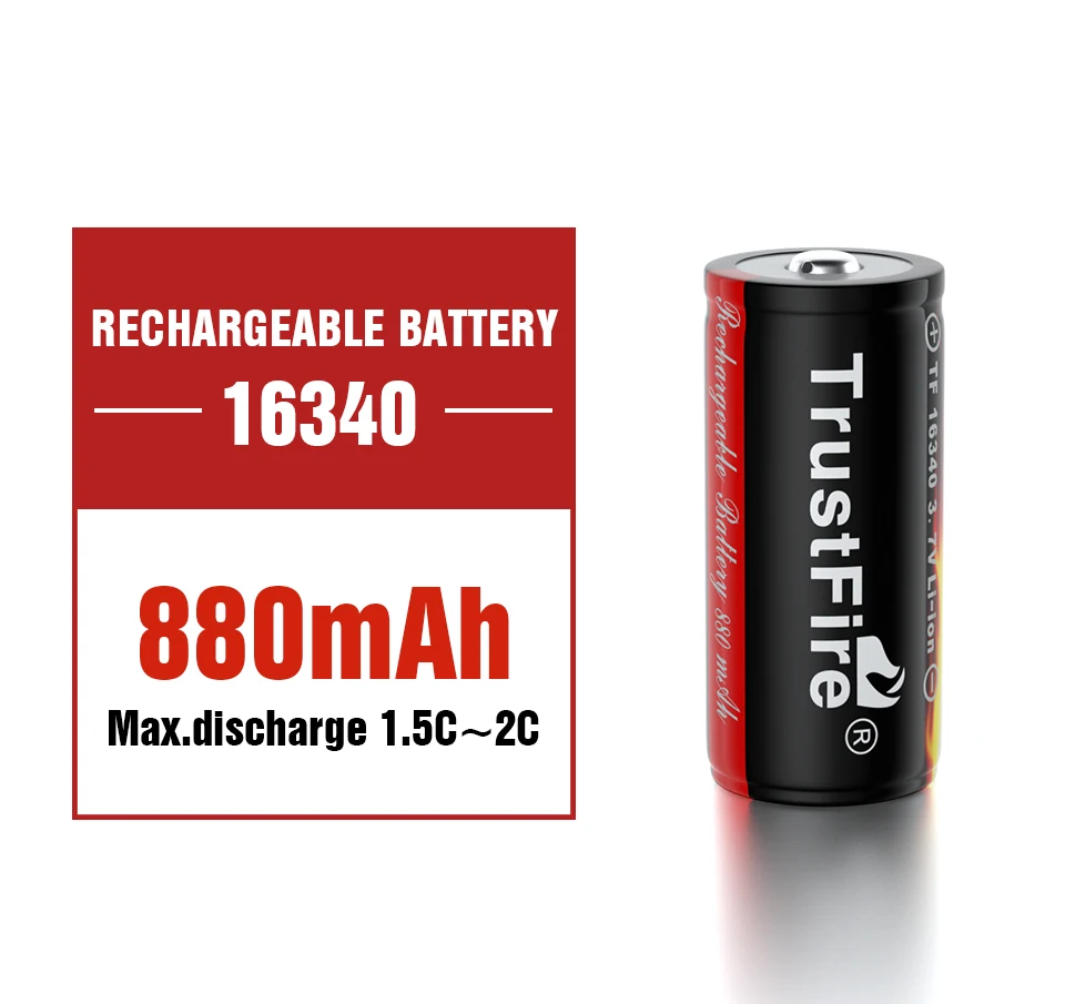 

TrustFire 16340 Lithium Battery 3.7V 880Mah CR123A Rechargeable Li Ion Batteries Cell with Nipple Top For Flashlight Light Toy