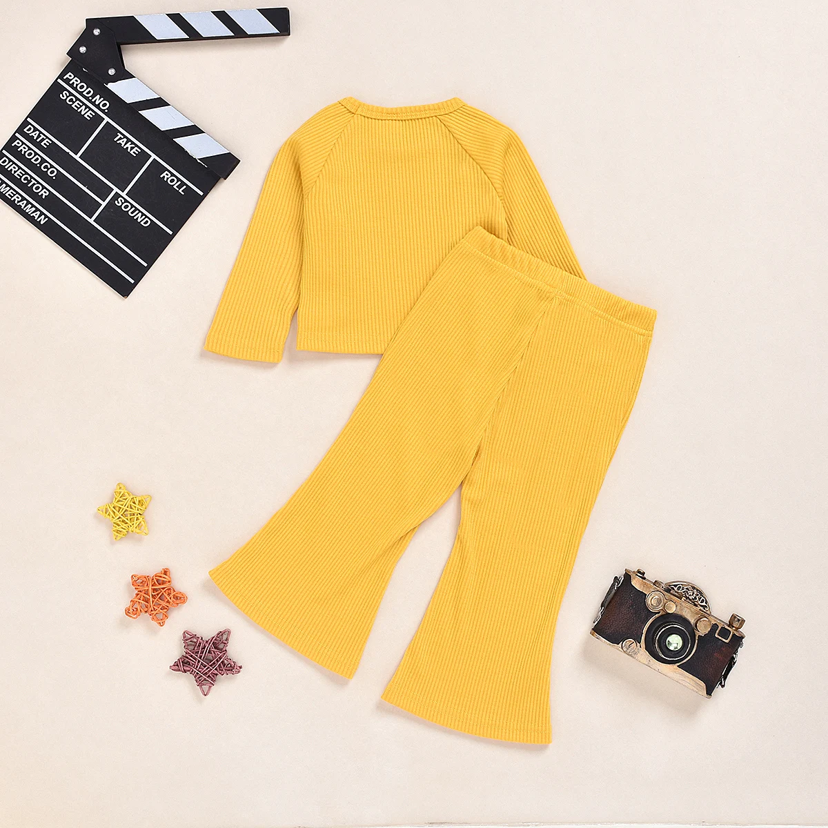 New Fashion Kids Girl Solid Color long sleeve round neck Outfit Suit Shirt + Bell-bottomed Pants baby girl clothes Free shipping