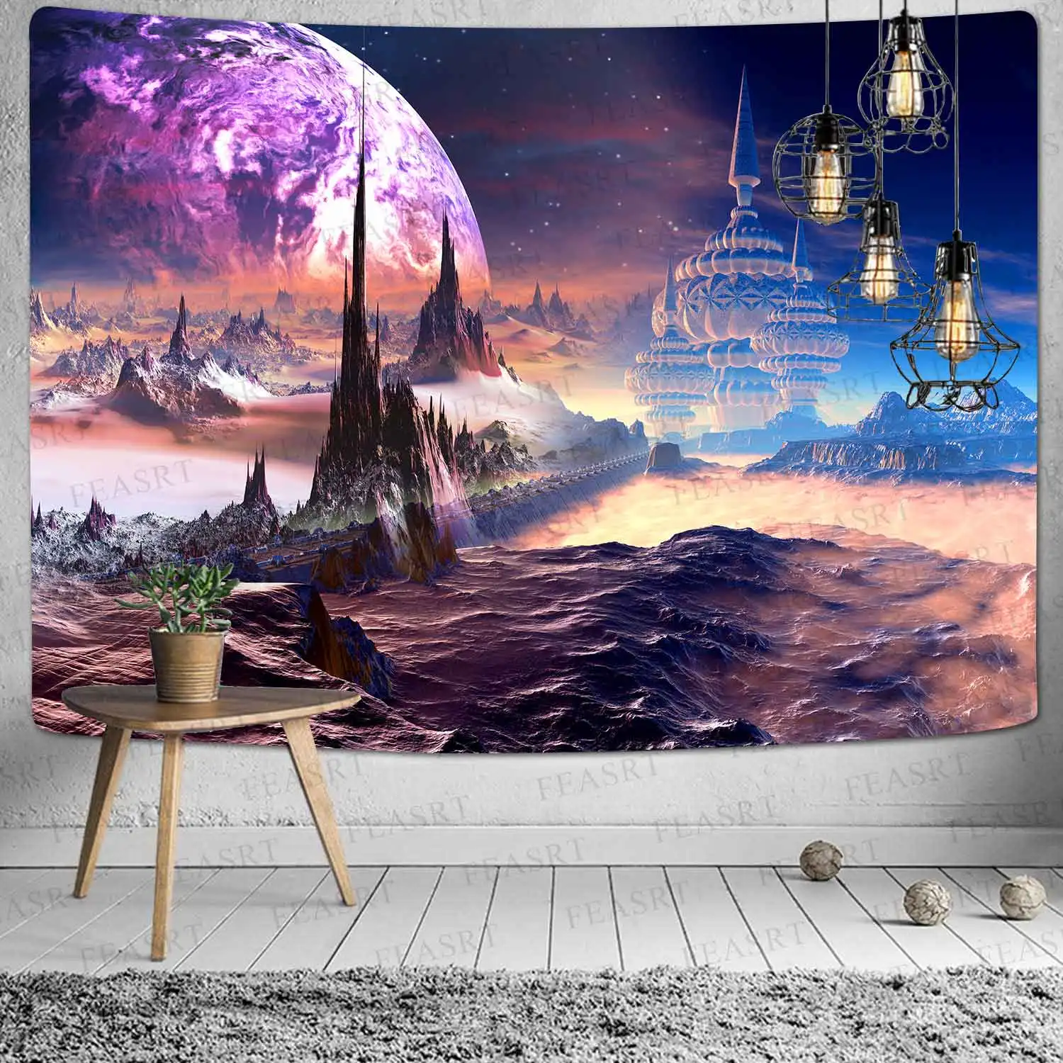 

Simsant Fantasy Space Tapestry Hippie Trippy Galaxy Planet Tapestry Purple Starry Night Planet Wall Art for Dorm Decor Mural