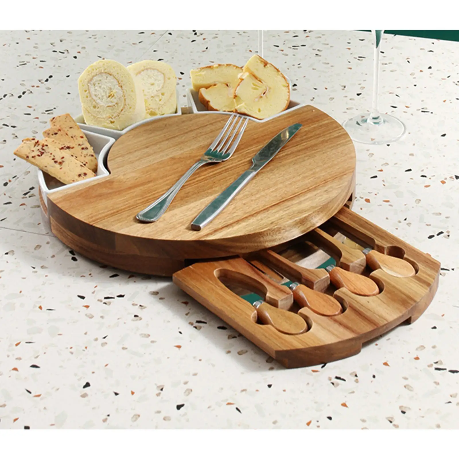 

Bamboo Cheese Board Platter and Knife Set Cutting Serving Tray for Wine Brie Server Fancy House Warming Gift