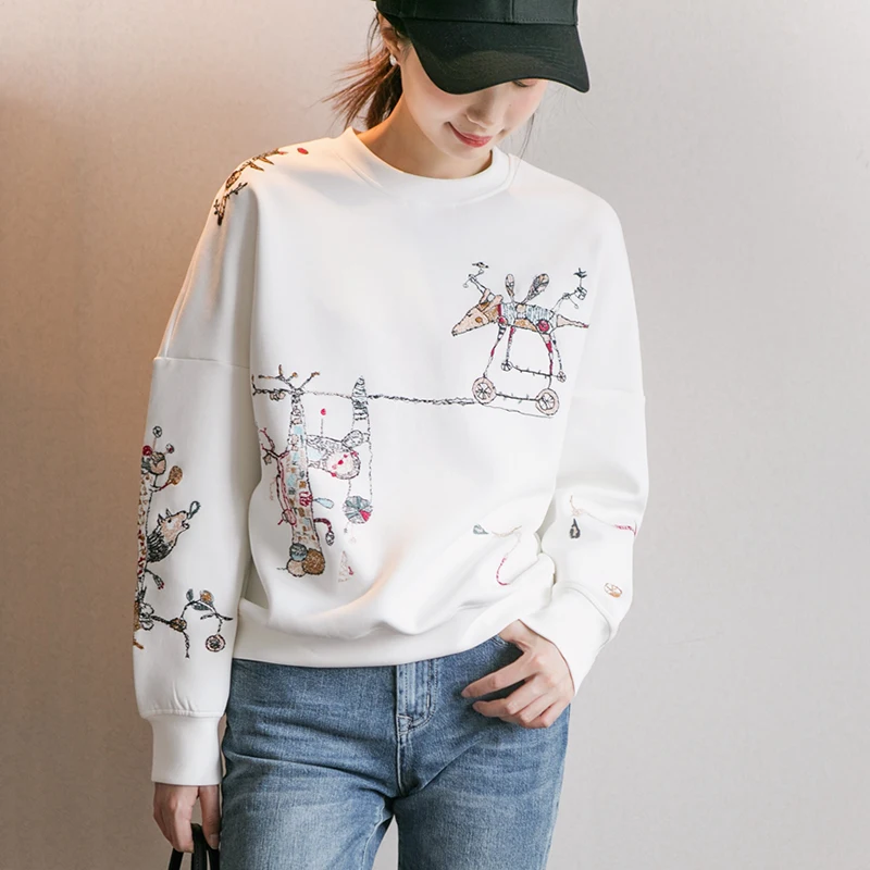 Sweatshirt Women Casual Style 95% Cotton Embroidery Solid O Neck Long Sleeves Pullovers 3 Colors New Fashion 
Sweatshirt Women Casual Style 95% Cotton Embroidery Solid O Neck Long Sleeves Pullovers 3 Colors New Fashion