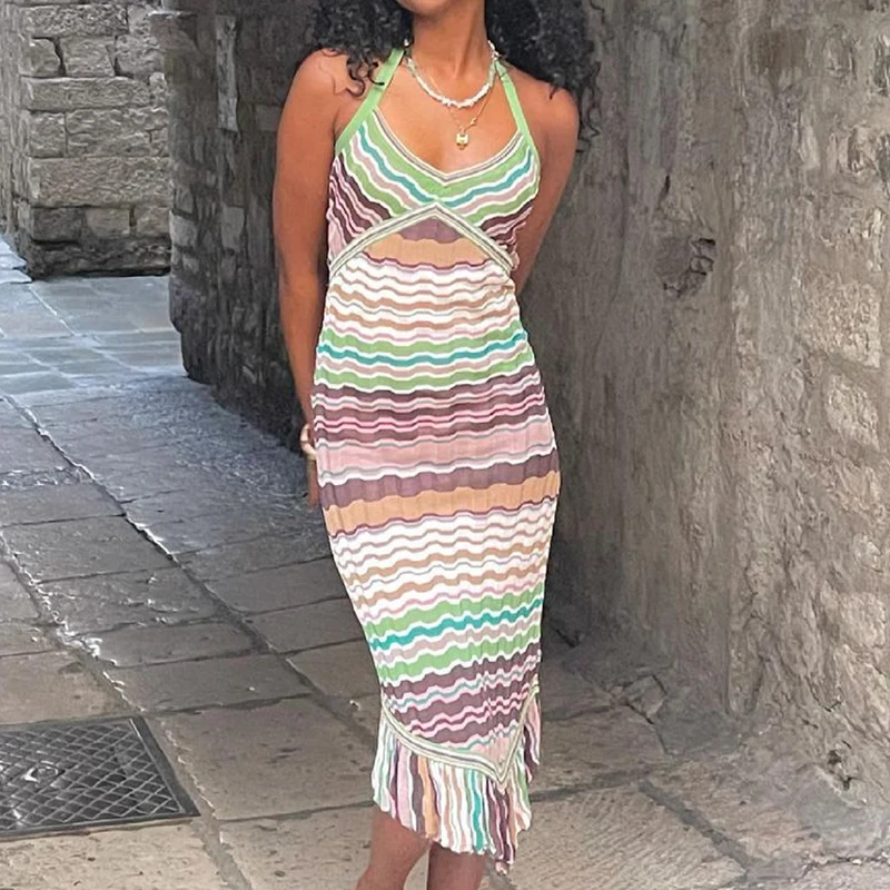 Weekeep Striped Print Ruched Knitted Midi Dress Women Backless Lace Up Halter Bodycon Dresses Summer Elegant Party Sundress 2021
Weekeep Striped Print Ruched Knitted Midi Dress Women Backless Lace Up Halter Bodycon Dresses Summer Elegant Party Sundress 2021