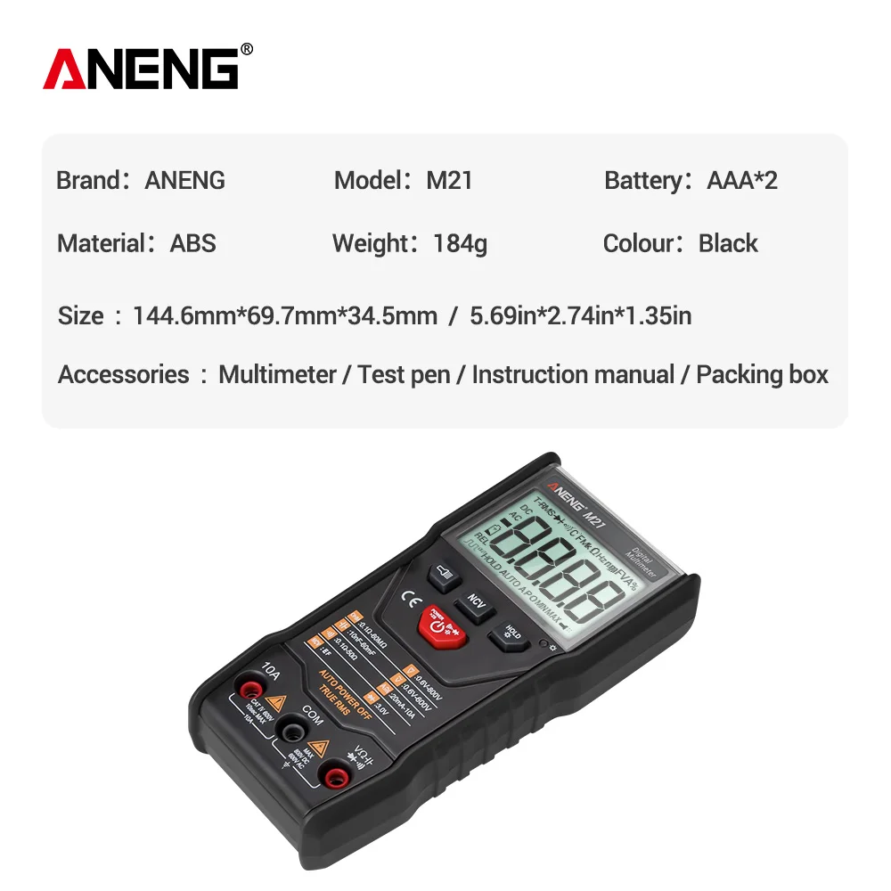 M21 Digital Auto Multimeter 6000 Counts Backlight AC/DC Portable Ammeter Volt Ohm lcr Meter transistor tester true rms ANENG
M21 Digital Auto Multimeter 6000 Counts Backlight AC/DC Portable Ammeter Volt Ohm lcr Meter transistor tester true rms ANENG
