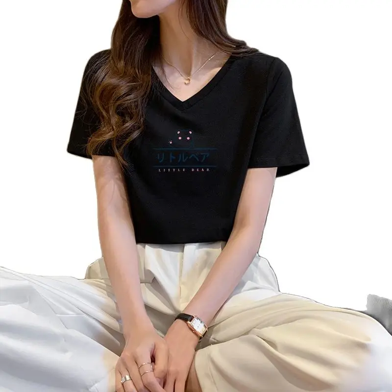 T-shirt Tops Shirt White female short sleeve v-neck loose han edition 2021 new popular logo ins summer cotton half sleeve summer