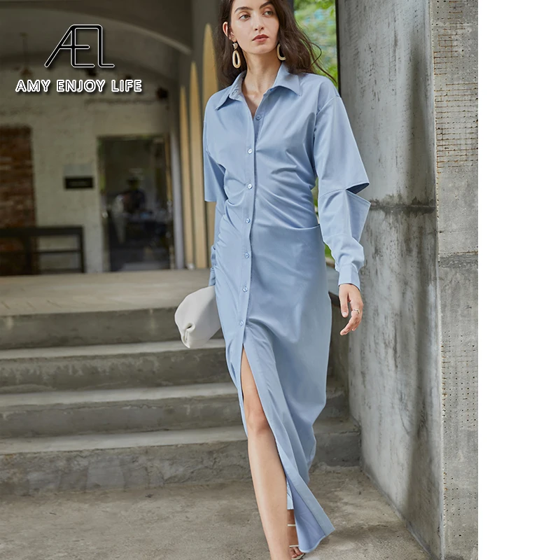 Платье-рубашка AEL женское хлопковое длинное, облегающее однобортное платье с талией, Ранняя осень 2020