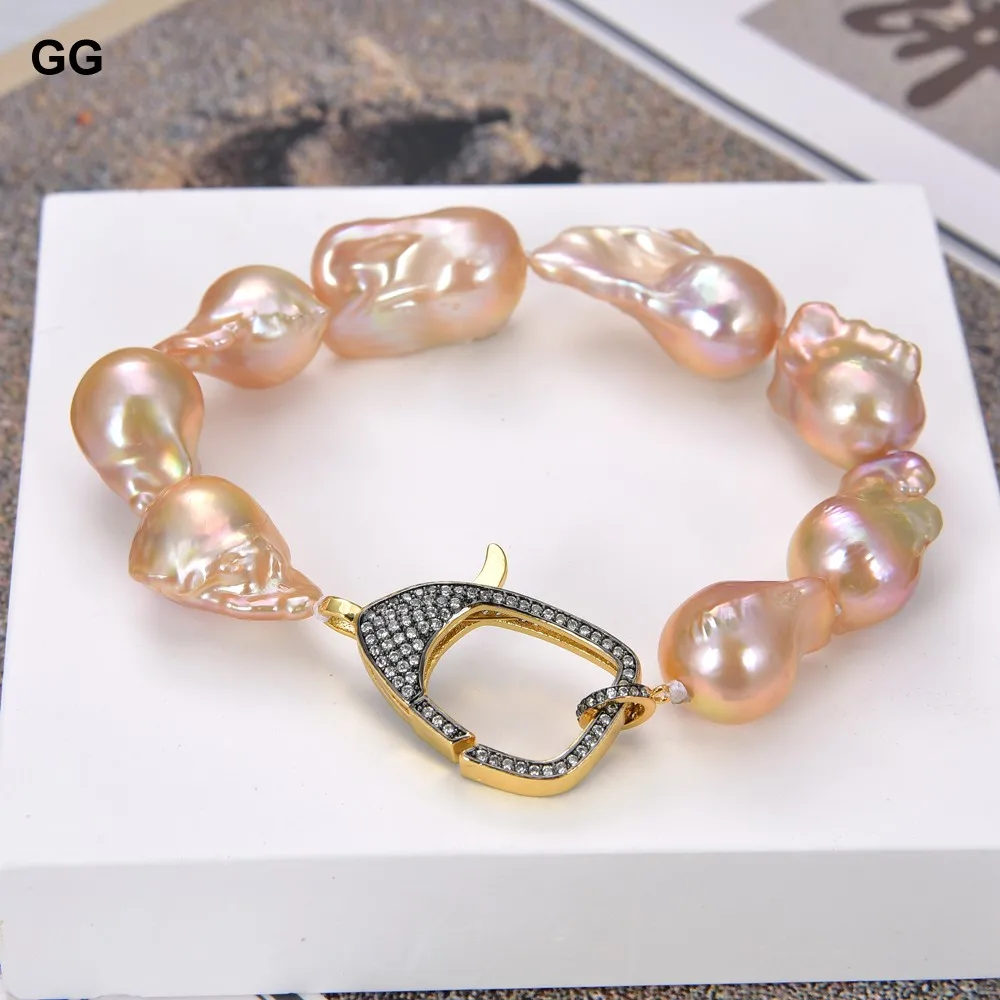 

GuaiGuai Jewelry 8" High Quality Natural Pink Keshi Baroque Pearl Bracelet Gold Plated CZ Clasp For Women