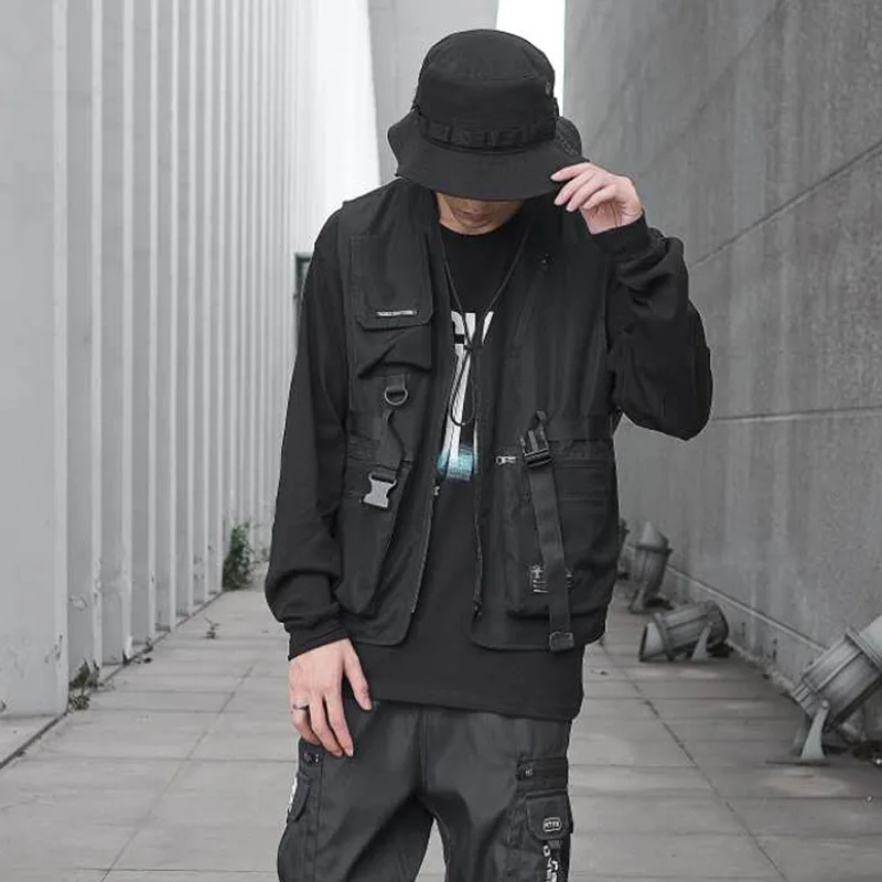 Мужская Черная тактическая жилетка CROXX Techwear в стиле хип хоп панк|Мужские жилеты и