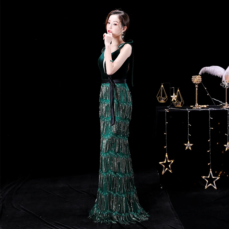 Evening dress formal dress Mermaid deep V-neck banquet dress Slim 2019 new sling party dress tassel
Evening dress formal dress Mermaid deep V-neck banquet dress Slim 2019 new sling party dress tassel