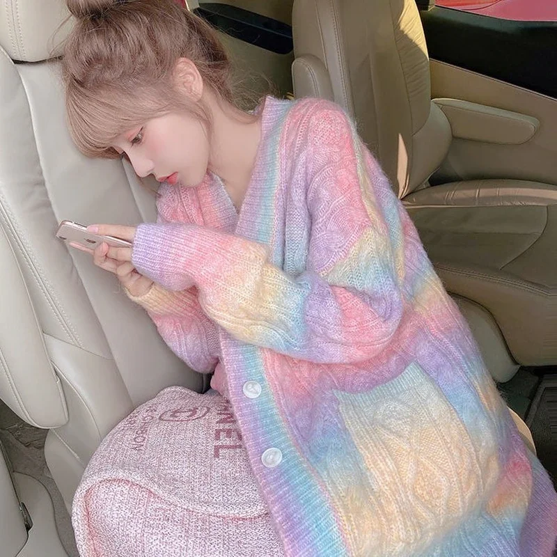 Korean Rainbow Knitted Cardigan Women Autumn winter Sweet Kawaii Sweater Coat Female long Button Down Cardigan Fall 2022 Women
Korean Rainbow Knitted Cardigan Women Autumn winter Sweet Kawaii Sweater Coat Female long Button Down Cardigan Fall 2022 Women
