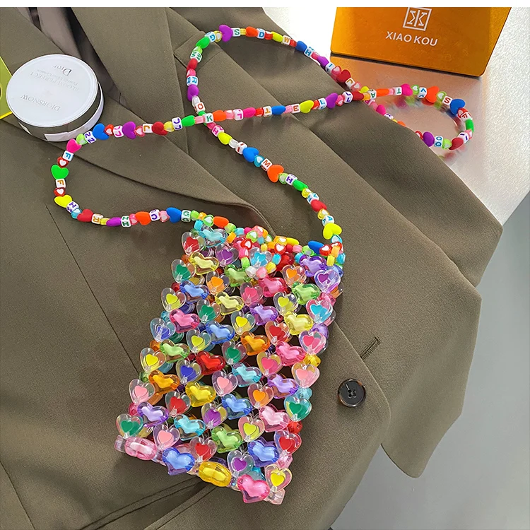 

New Jelly Color Bead Handmade Summer Heart-shaped Lipstick Small Mini Bag Underarm Handbag Candy Sweet Style Girl Cute