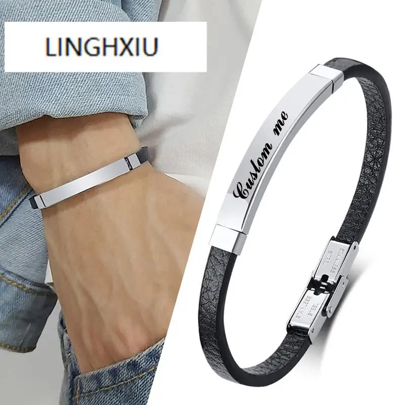 Custom Thin Men's Leather Bracelet Stainless Steel Bar Engraved Name ID Tags Classic Style DIY Size
Custom Thin Men's Leather Bracelet Stainless Steel Bar Engraved Name ID Tags Classic Style DIY Size