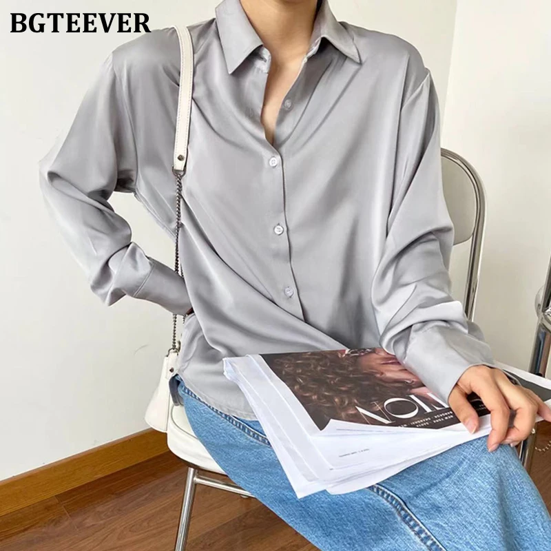 BGTEEVER Fashion Chic Lapel Satin Blouses for Women 2022 Spring Single-breasted Full Sleeve Loose Elegant Female Shirts Tops 
BGTEEVER Fashion Chic Lapel Satin Blouses for Women 2022 Spring Single-breasted Full Sleeve Loose Elegant Female Shirts Tops