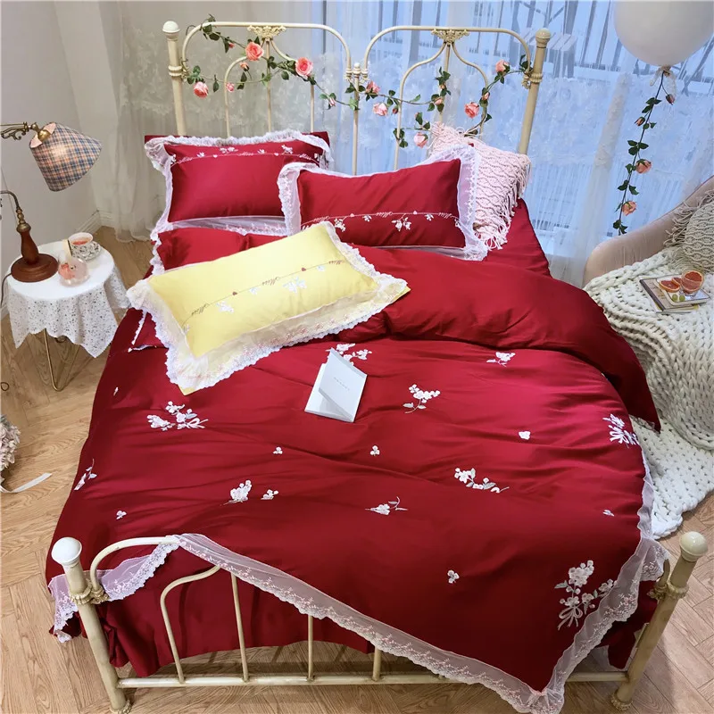 100% Egyptian Cotton Chic Floral Embroidery Lace Duvet cover Red Yellow Girls King size Queen Bed sheet Bedding set Pillowcases
100% Egyptian Cotton Chic Floral Embroidery Lace Duvet cover Red Yellow Girls King size Queen Bed sheet Bedding set Pillowcases