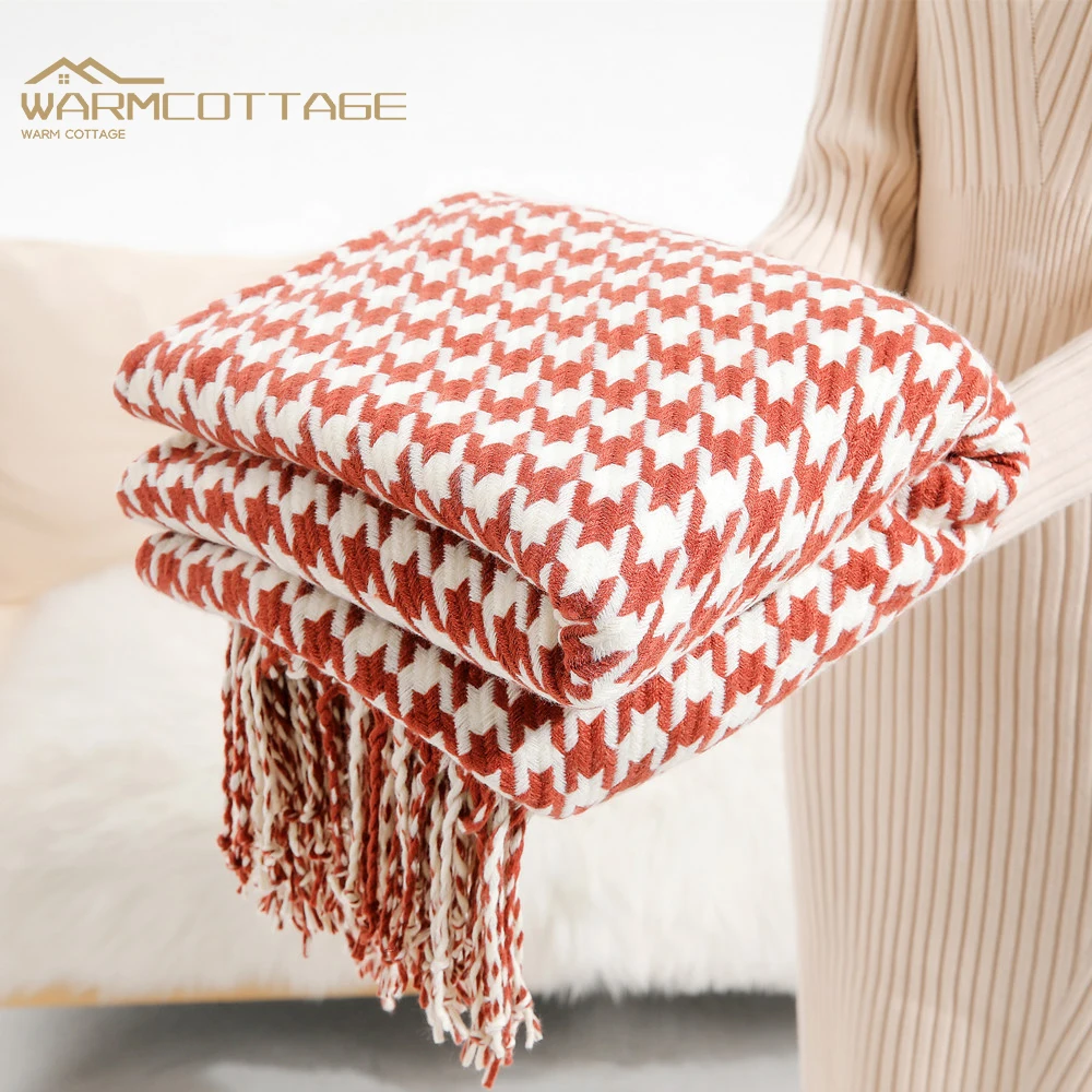 

Sofa Blanket Cover Houndstooth Fringed Wool Small Air Conditioning Woven Bedside Tablecloths Decorative Bed Napping Blanket