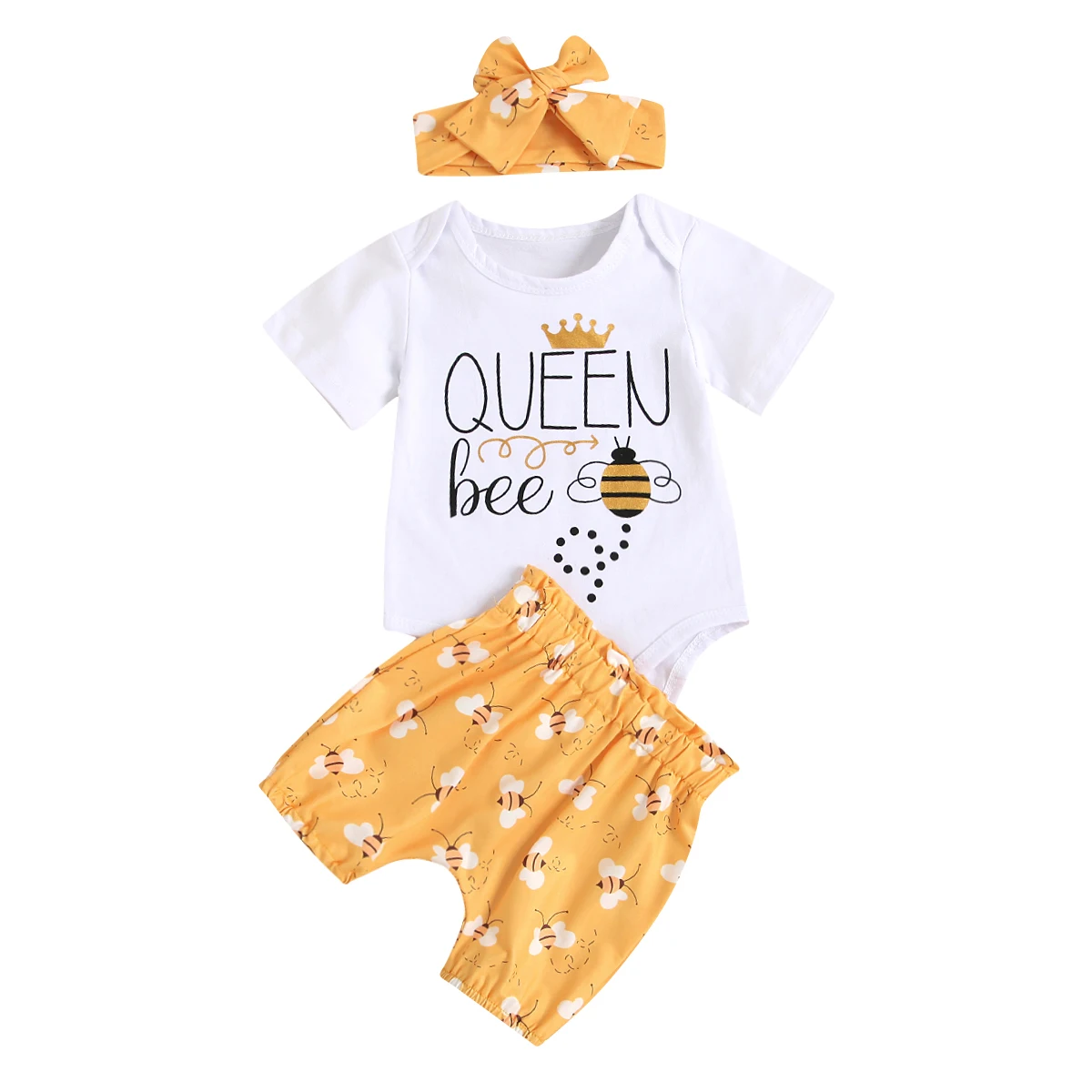 Baby Girls Clothes Set Letter Print Short Sleeve O-neck Romper Bee/Dot Print Shorts Bow-knot Headband Children's Clothing Summer
Baby Girls Clothes Set Letter Print Short Sleeve O-neck Romper Bee/Dot Print Shorts Bow-knot Headband Children's Clothing Summer
