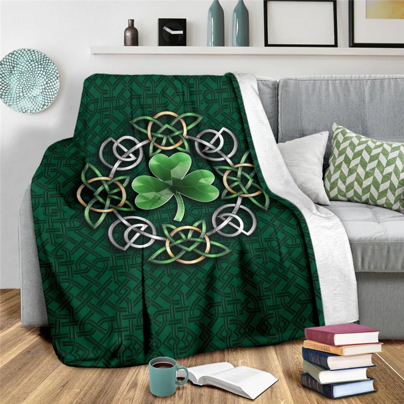 

Ireland Celtic Shamrock Throw Blanket Printing Soft Warm Flannel Blankets Airplane Travel Portable Kids Adults Quilts