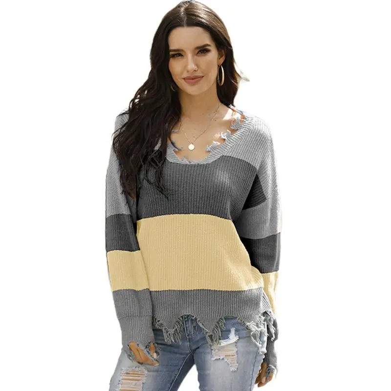 Women Long Sleeve V-Neck Sweater Ribbed Knit Color Block Striped Ripped Tops A0NF
Women Long Sleeve V-Neck Sweater Ribbed Knit Color Block Striped Ripped Tops A0NF