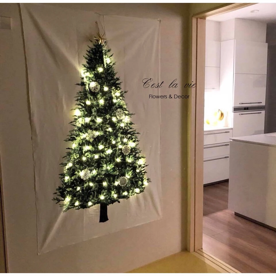 

Xmas Tree Tapestry with LED Star Light Merry Christmas Backdrop Wall Hanging Art Tapestries Photography Blanket Home