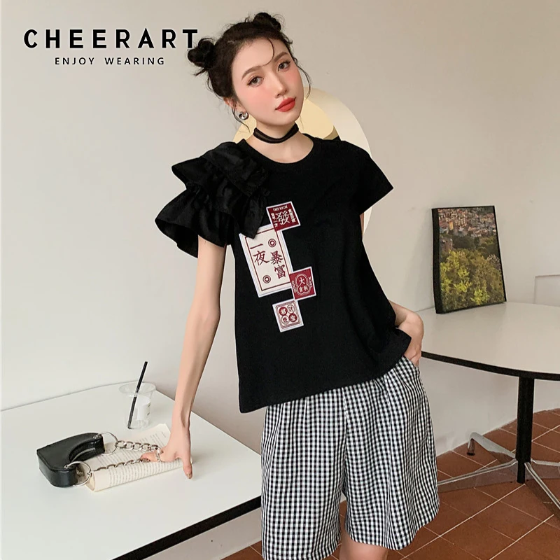 Дизайнерские футболки CHEERART с оборками и коротким рукавом, летний топ, футболка с нашивкой, женские модные топы 2021, хлопковая Футболка со сло...
Дизайнерские футболки CHEERART с оборками и коротким рукавом, летний топ, футболка с нашивкой, женские модные топы 2021, хлопковая Футболка со сло...