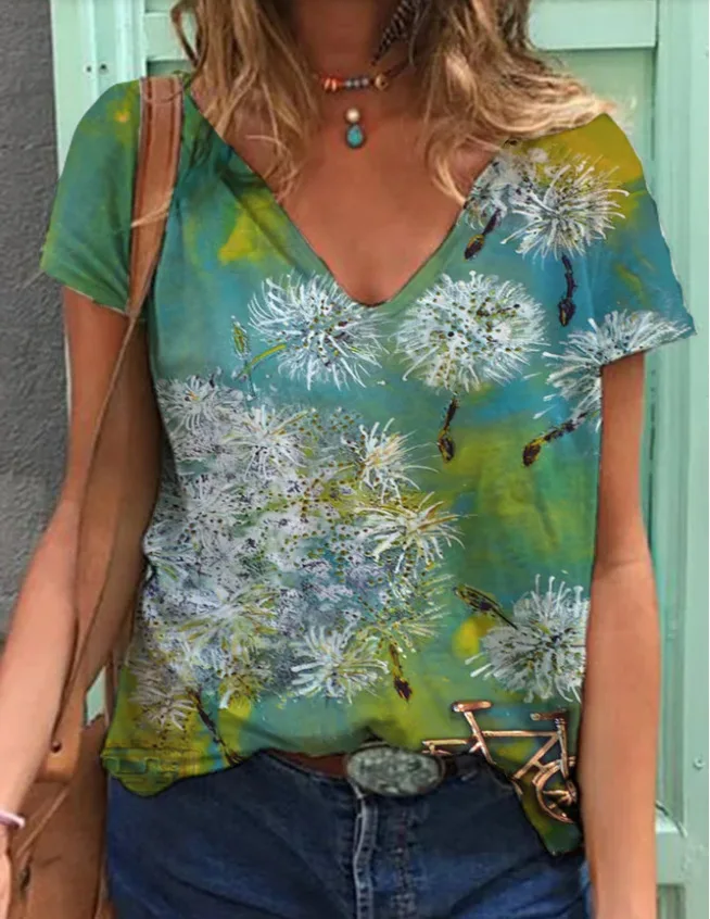 Женская футболка с цветочным принтом, разноцветная свободная футболка большого размера с коротким рукавом и V-образным вырезом, лето 2021
Женская футболка с цветочным принтом, разноцветная свободная футболка большого размера с коротким рукавом и V-образным вырезом, лето 2021