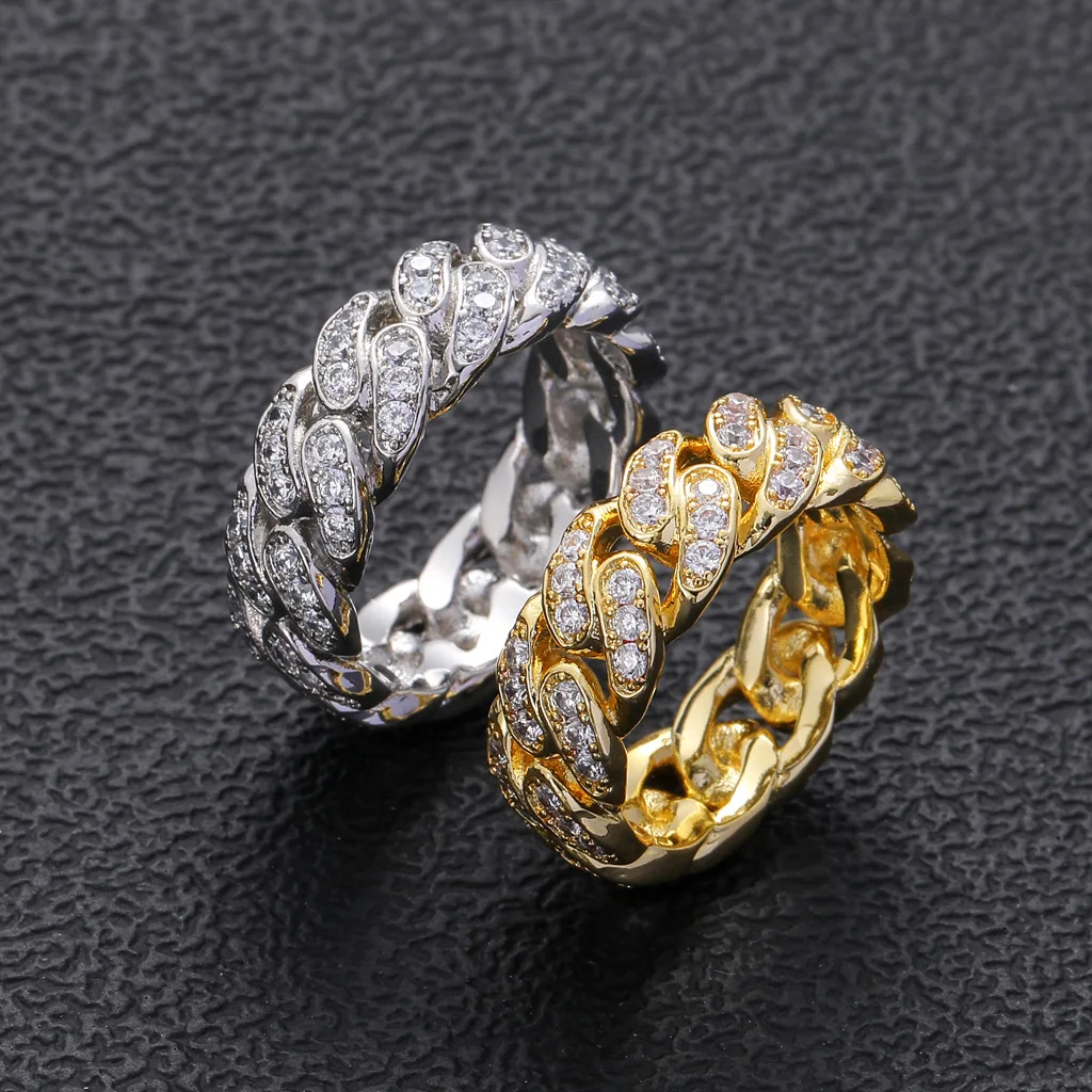 Gold Silver Plated Hip Hop Rings Iced Out Micro Pave CZ 8mm Width Cuban Chain Ring for Men and Woman Charm Jewelry Gift
Gold Silver Plated Hip Hop Rings Iced Out Micro Pave CZ 8mm Width Cuban Chain Ring for Men and Woman Charm Jewelry Gift