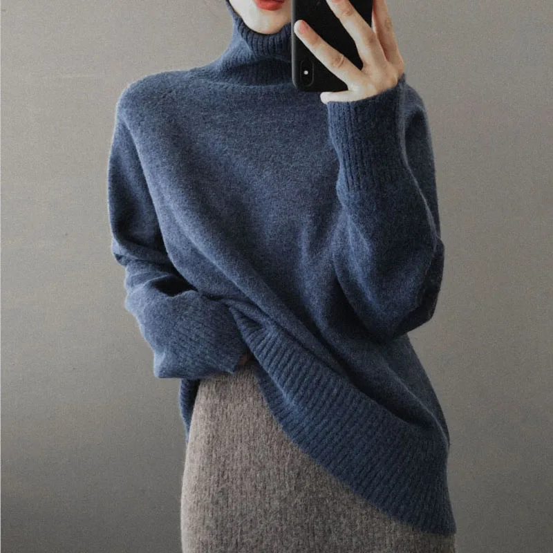

Женский свитер с длинным рукавом Sashmere, плотный вязаный пуловер оверсайз с высоким воротником, базовый шикарный свитер, топ на осень-зиму