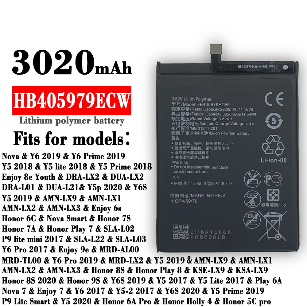 3020mAh HB405979ECW Battery For Huawei Honor 6A 8A DLI-AL10 DLI-AL10B DLI-TL20 DLI-L22 JAT-LX3 LX1 L41 L29 AL00 +Tracking Number
3020mAh HB405979ECW Battery For Huawei Honor 6A 8A DLI-AL10 DLI-AL10B DLI-TL20 DLI-L22 JAT-LX3 LX1 L41 L29 AL00 +Tracking Number