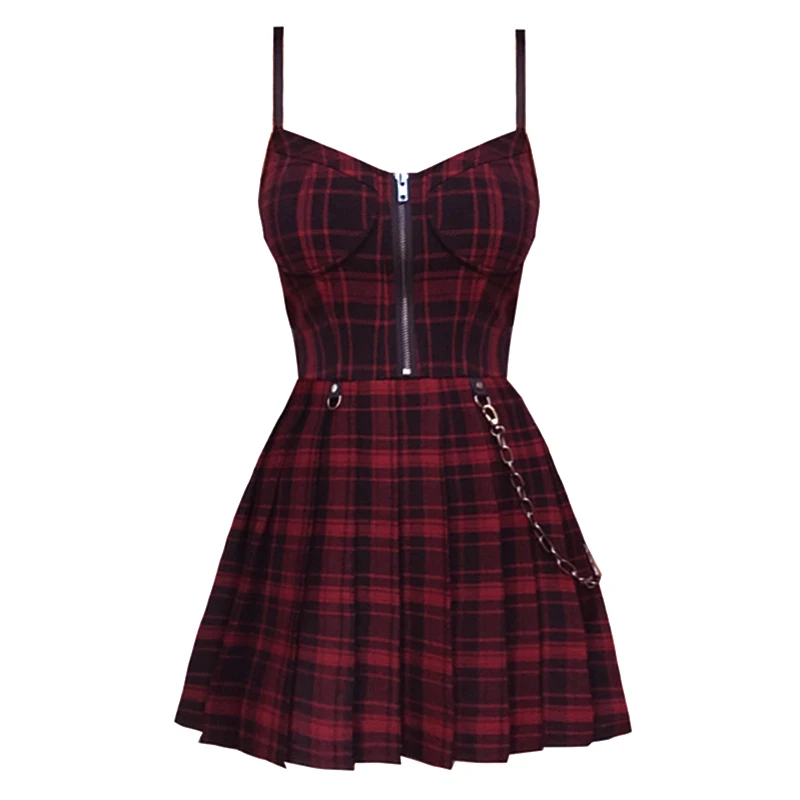 

Gothic Girls Plaid Pleated Punk Dress Preppy Red Black Spaghetti Strap Sexy Sleeveless Mini Short Dresses Goth Streetwear WF0201