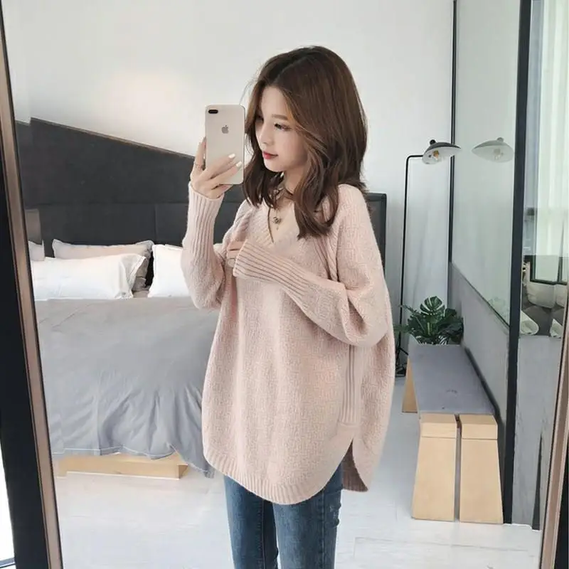 

2022 New Short V Neck Sweater Women's Pullover Casual Loose Sweaters Female Elastic Cotton Long Sleeve Tops Femme J27