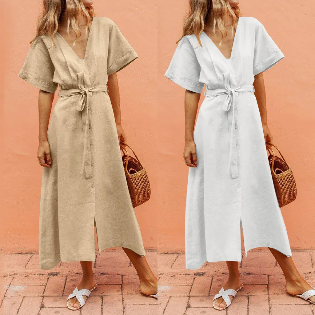 Vogue Women's short-sleeved Solid Color Button Beach Dress Fashion Casual v-neck Loose Casual Dress Autumn And Winter
Vogue Women's short-sleeved Solid Color Button Beach Dress Fashion Casual v-neck Loose Casual Dress Autumn And Winter