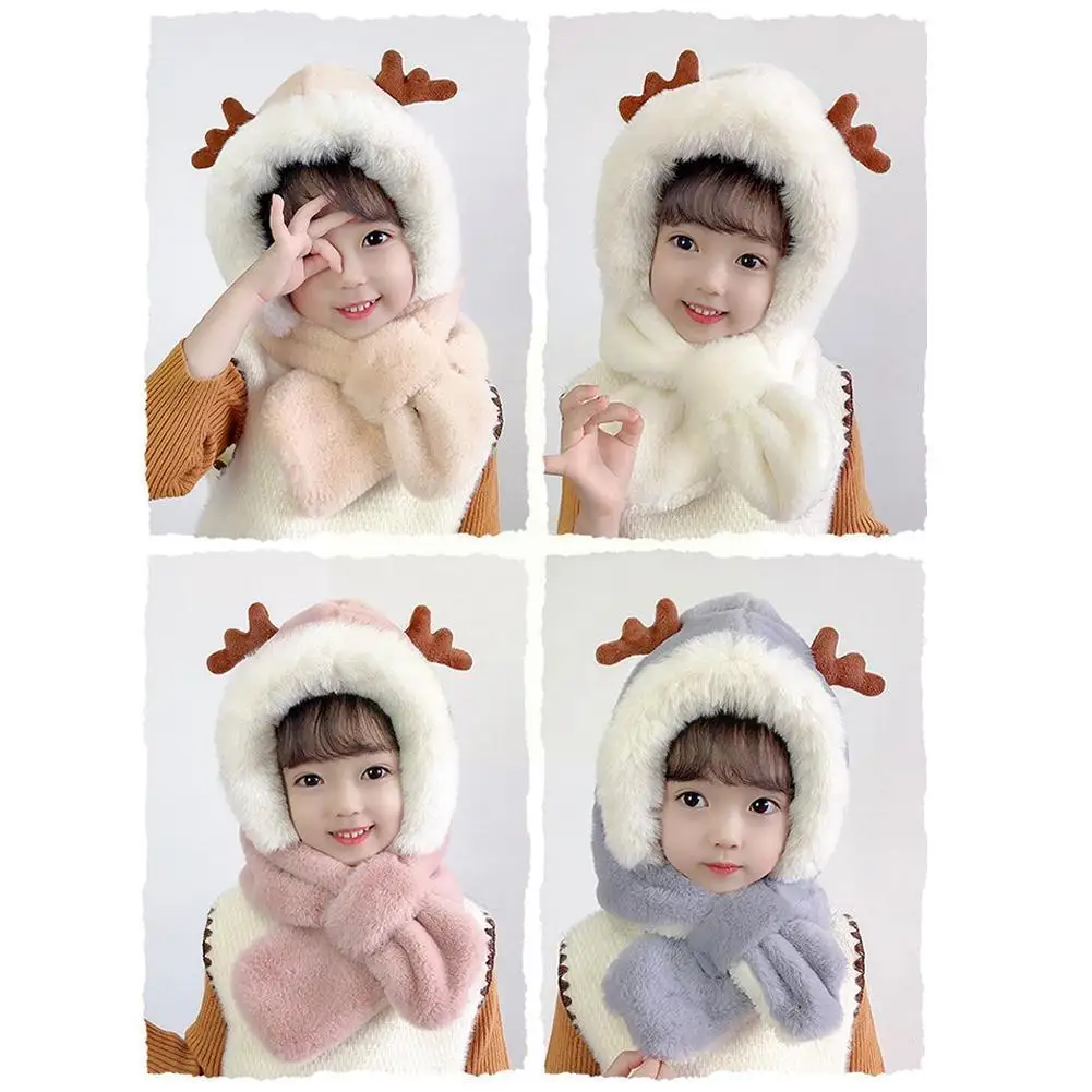 

Cute Antlers Beer Ear Hat Warm Plush Beanies Caps Windproof Novelty Fleece Casual Children's Scarf Winter Cap Women Fashion R3a4