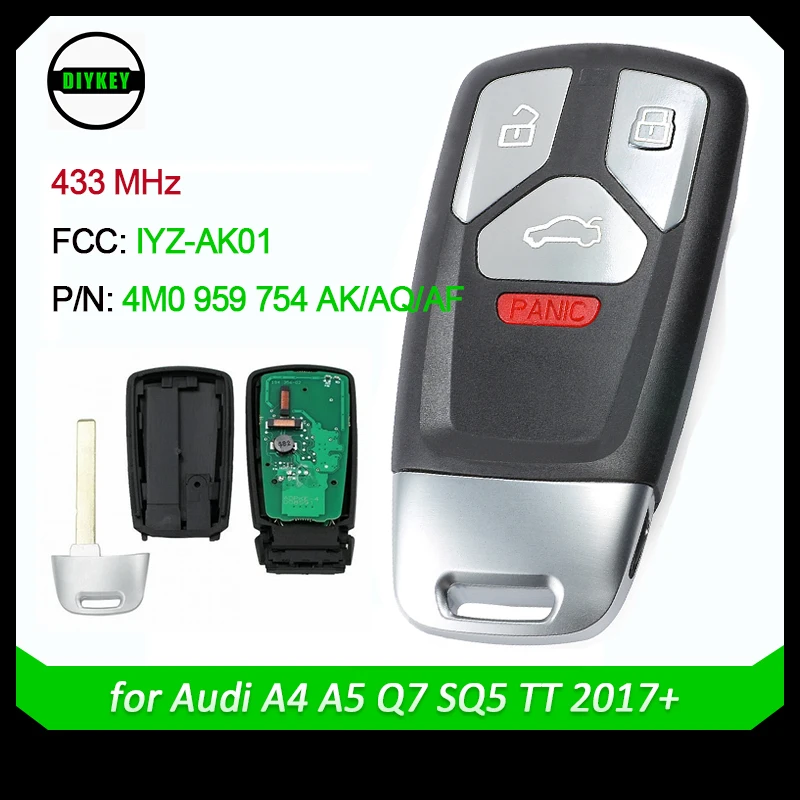 

DIYKEY Smart Remote Car Key Fob 4 Buttons 433MHz for Audi A4 A5 Q7 SQ5 TT 2017 2018 2019 4M0 959 754 AK/ AQ/ AF