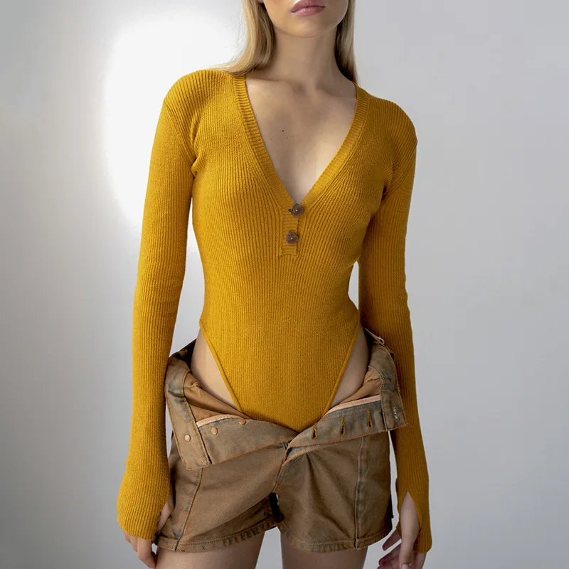 Women Bodysuit Tops Long Sleeve Rompers Buttons V-neck 2022 Sexy Spring Autumn Casual Knitted High Elastic Slim Jumpsuit 
Women Bodysuit Tops Long Sleeve Rompers Buttons V-neck 2022 Sexy Spring Autumn Casual Knitted High Elastic Slim Jumpsuit