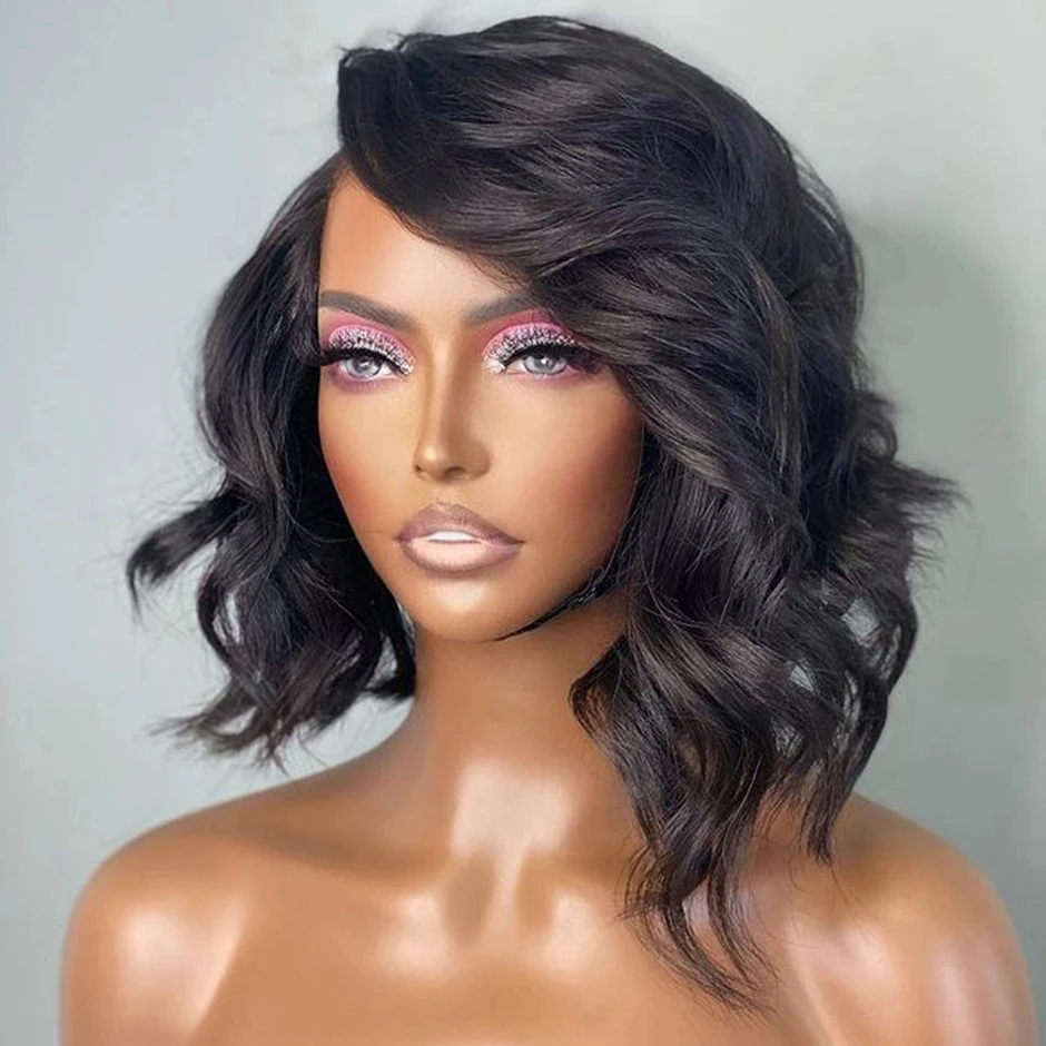 

12Inch Blunt Cut Short Bob Body Wave Synthetic Lace Front Wig Glueless Lace Wigs For Black Women Daily Middle Part 180% Density