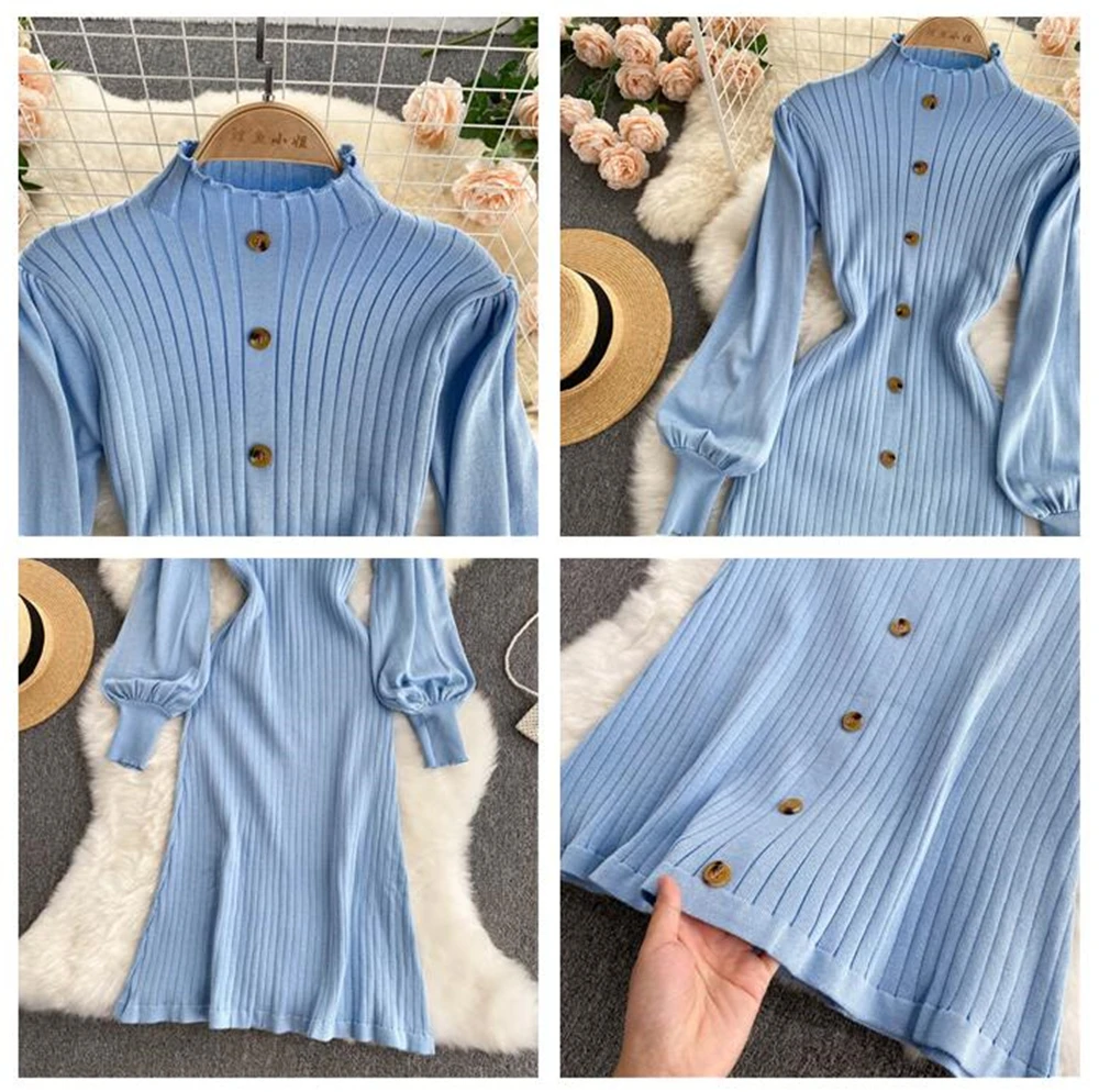 Autumn Women Knitted Dress Fashion Single Breasted Long Sleeve Midi Dresses Basic Female Robe Solid Vestidos Woman Clothing 2021
Autumn Women Knitted Dress Fashion Single Breasted Long Sleeve Midi Dresses Basic Female Robe Solid Vestidos Woman Clothing 2021