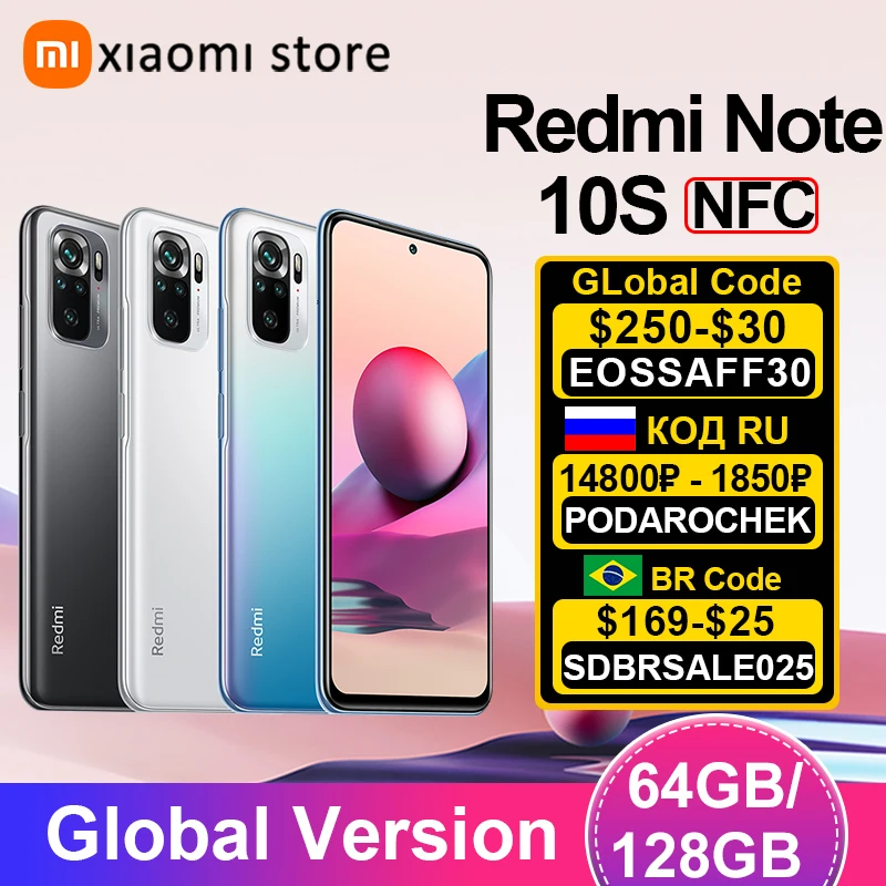 Глобальная версия Xiaomi Redmi Примечание 10S смартфон 6 ГБ 64 Гб 128 мегапиксельная