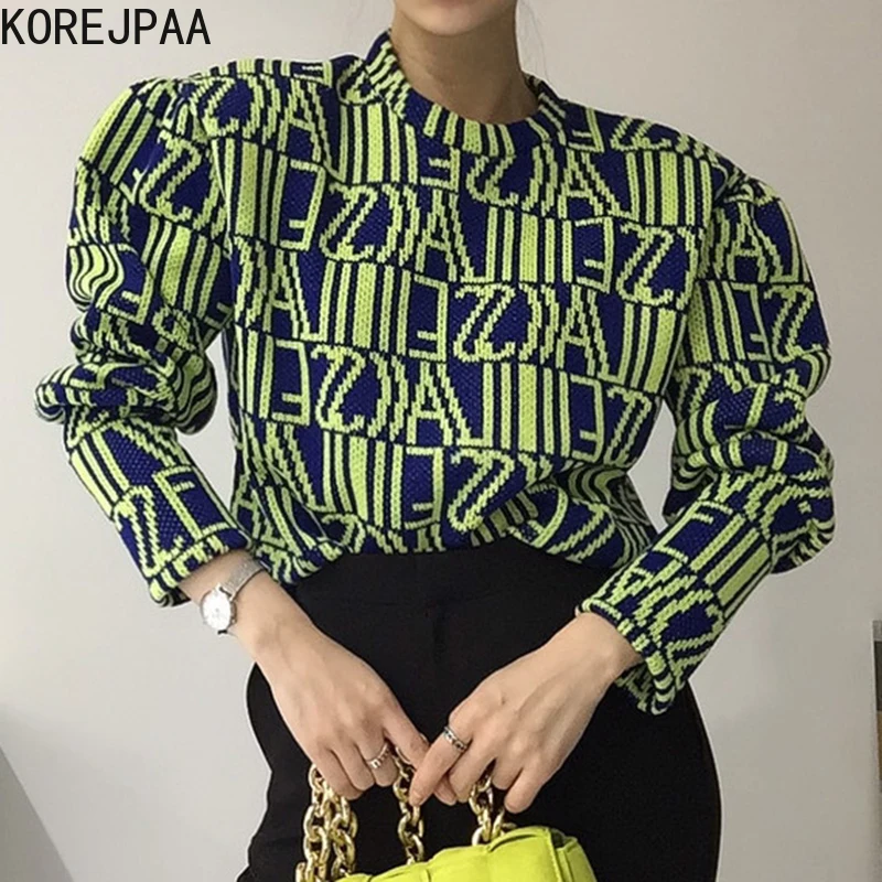 

Korejpaa Vintage Women Sweater 2021 Autumn Winter Korean Style Female Letter Jacquard Round Neck Long Sleeve Knit Pull Femme