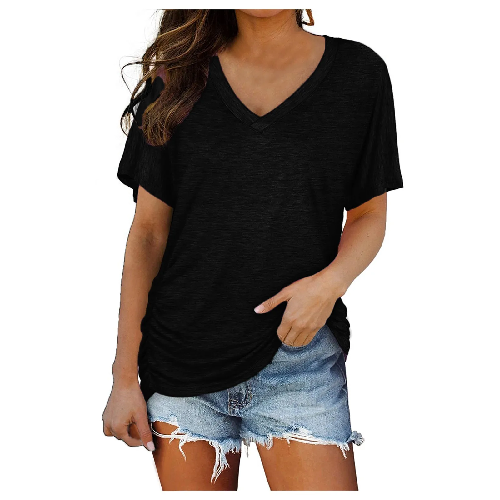 Casual Loose Black Tops For Female 2021 Summer Fashion Plus Size Womens Short Sleeve V Neck Solid Tops With Side Blouse Shirt
Casual Loose Black Tops For Female 2021 Summer Fashion Plus Size Womens Short Sleeve V Neck Solid Tops With Side Blouse Shirt