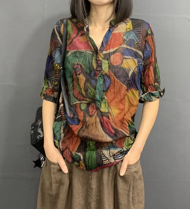 Loose Slim Pleated Printed Women Shirts 2020 Summer New V-Neck Button Long-Sleeved Casual All Match Female Pulls Tops All Match
Loose Slim Pleated Printed Women Shirts 2020 Summer New V-Neck Button Long-Sleeved Casual All Match Female Pulls Tops All Match