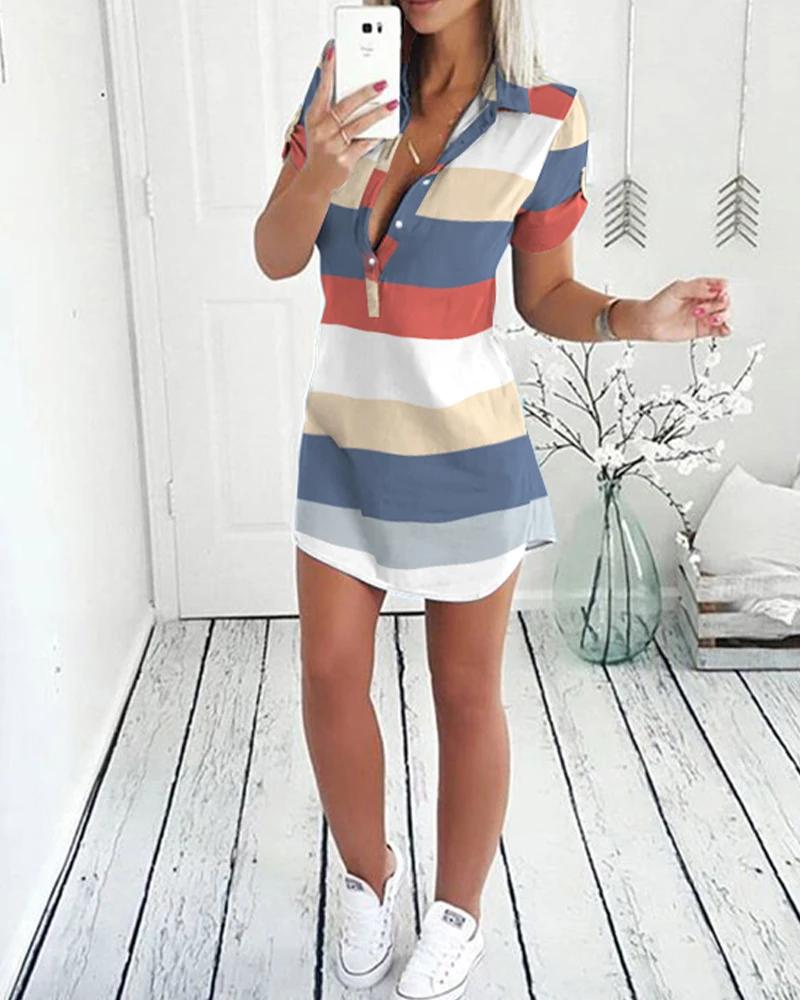 Loungewear summer Mini Dresses Fashion Women Casual Multicolor Stripe Print Button Front Short Sleeve Shirt Dress
Loungewear summer Mini Dresses Fashion Women Casual Multicolor Stripe Print Button Front Short Sleeve Shirt Dress