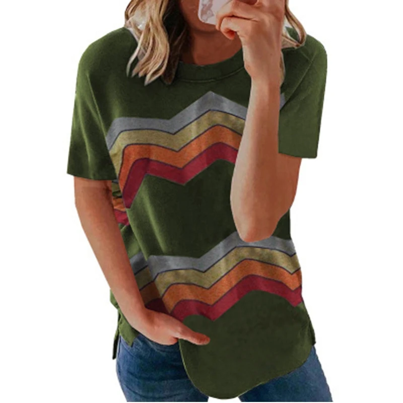 2021 new neckline cross Stripe Print short sleeve T-shirt blouse
2021 new neckline cross Stripe Print short sleeve T-shirt blouse