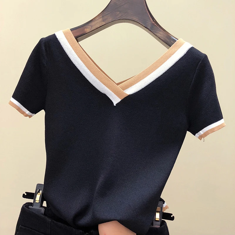 V-Neck T Shirt Women Tshirt Contrast Color Striped Knitted 2020 Summer Top T-Shirt Woman Clothes Tee Shirt Femme Camisetas Mujer
V-Neck T Shirt Women Tshirt Contrast Color Striped Knitted 2020 Summer Top T-Shirt Woman Clothes Tee Shirt Femme Camisetas Mujer