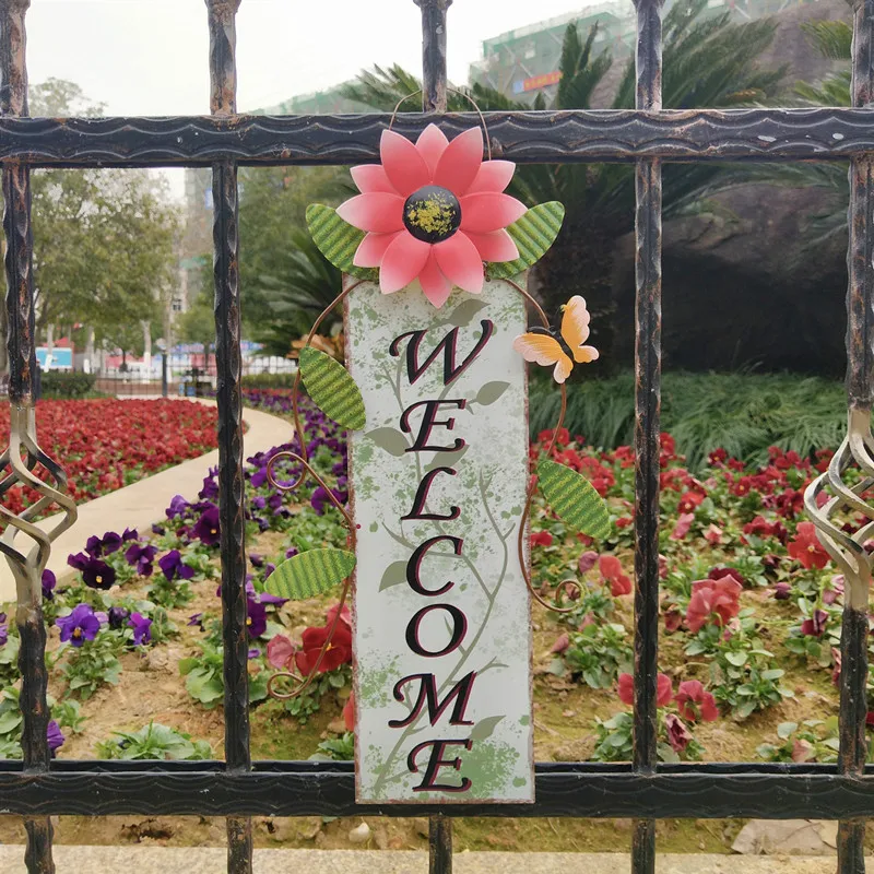 

Floral Welcome Sign Front Door Decor Wrought Iron Flower Hanging Gates Plaque Decoration for Home GQ