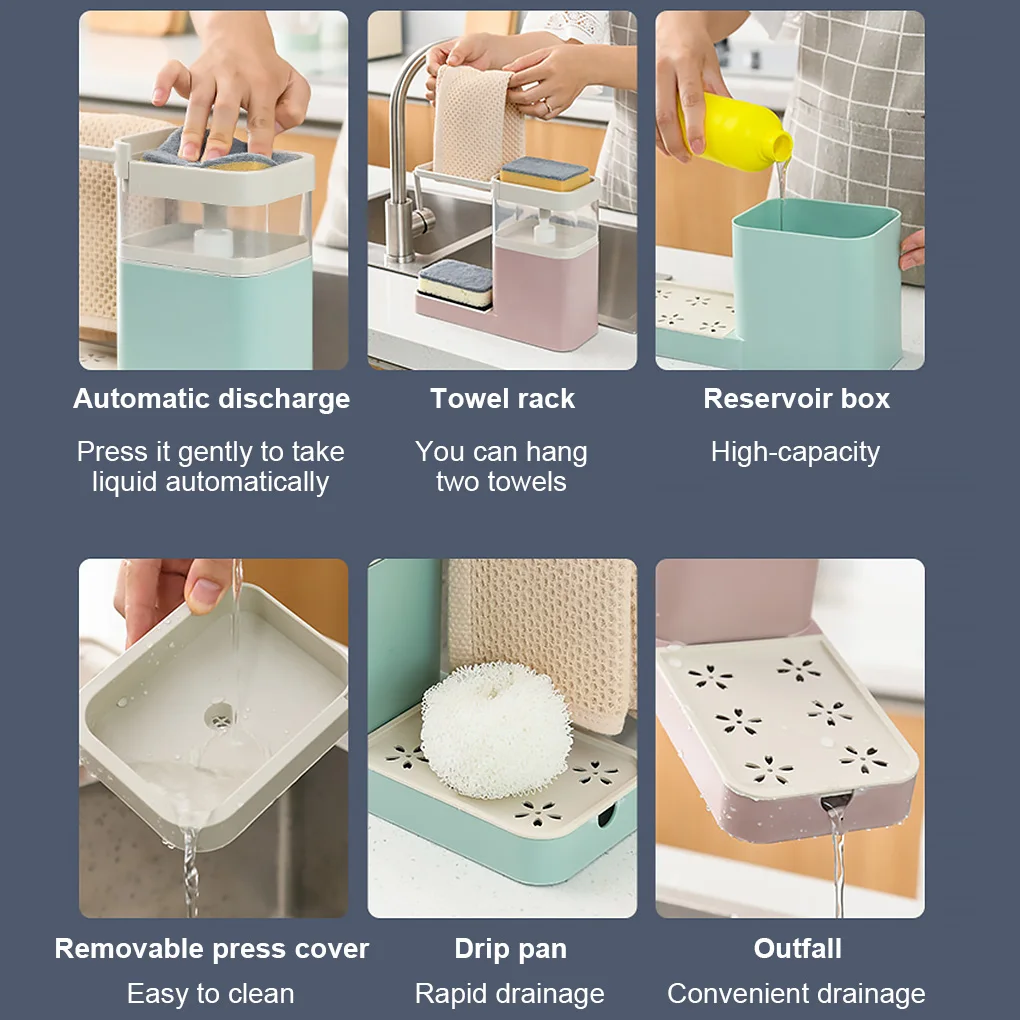 Two In One Sponge Drain Soap Dispenser With Sponge Pump Dispenser Wipe Arrangement Rack Dish Towel Hanger Kitchen Storage Holder
Two In One Sponge Drain Soap Dispenser With Sponge Pump Dispenser Wipe Arrangement Rack Dish Towel Hanger Kitchen Storage Holder